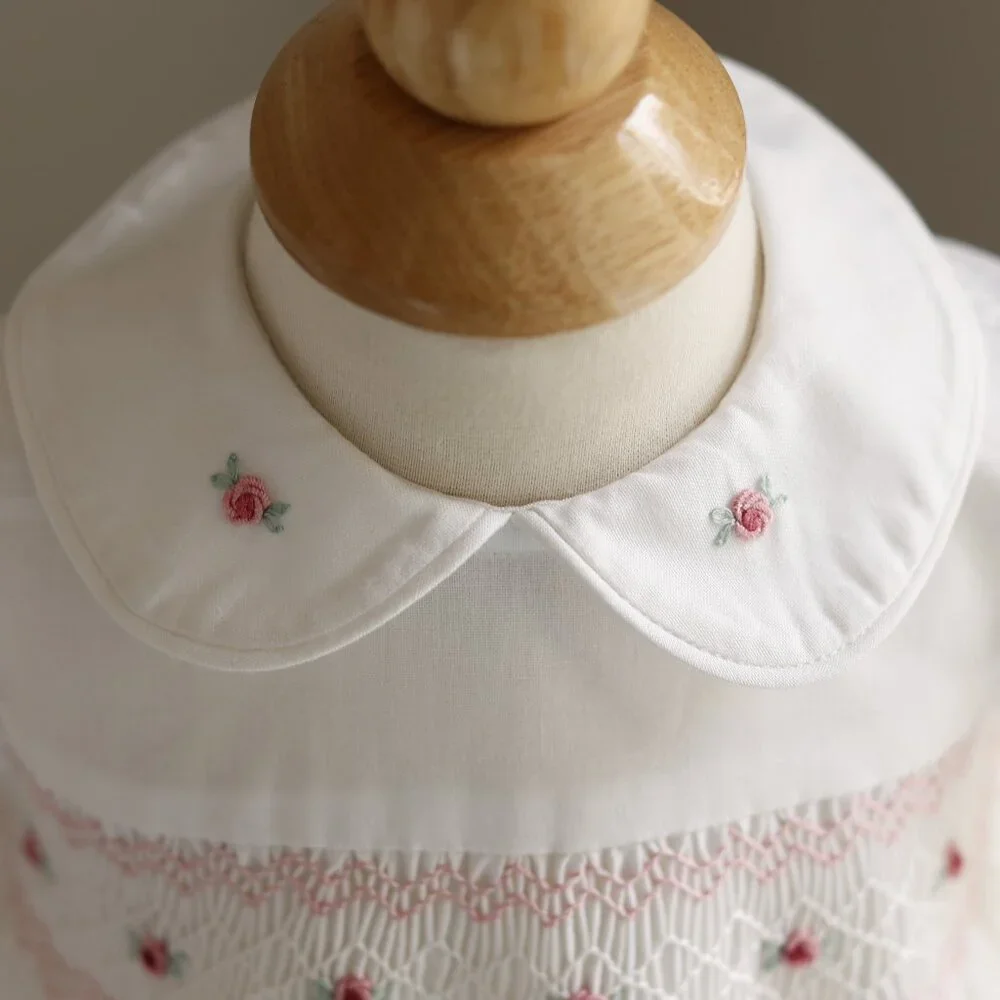 White Smocked Dress 9/12 Month Hand Embroidery Flower Girl Spring Portrait